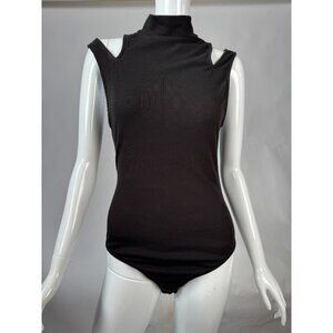 Free People Brown Ribbed LG Cold Shoulder Bodysuit With Mock Neck By Intimately